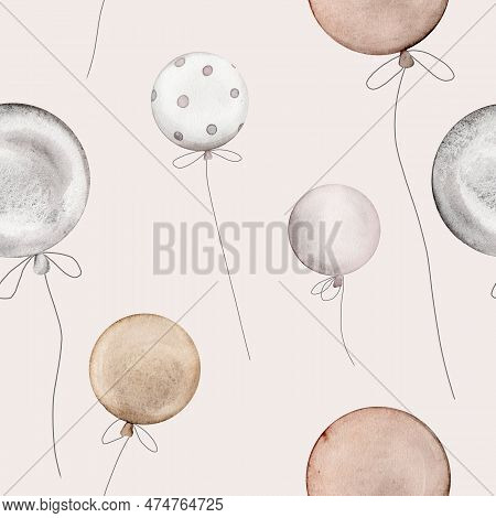 Pattern With Air Balloons. Watercolor Seamless Background For Kids. Cute Print For Childish Textile 