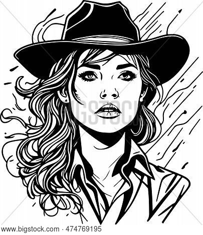 Gorgeous Monochrome Cowboy Woman Portrait Great Vector