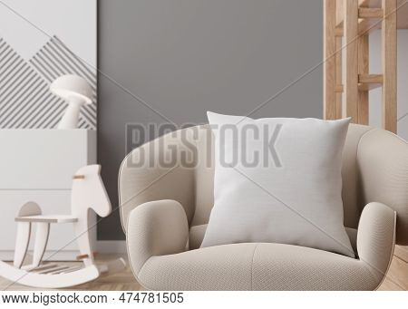 White Square Pillow In Kids Room. Blank Cushion Case Template For Your Graphic Design Presentation. 