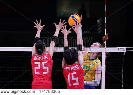 Ankara, Turkiye - July 13, 2022: Ogawa Erina And Hayashi Kotona In Action During Brazil Vs Japan Vnl