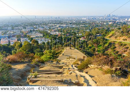Hiking With The View: Los Angeles Skyline As Seen From The Scenic Vista Point At Runyon Canyon Park 