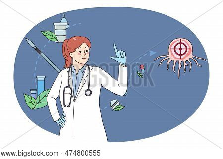 Female Doctor Or Scientist Explore Cancer Cell Do Research In Laboratory. Woman Medical Specialist W
