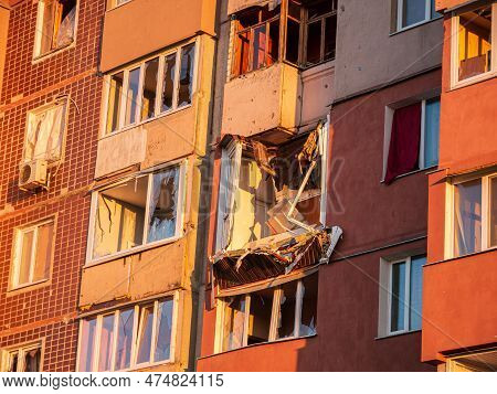 Kharkiv, Kharkov, Ukraine - 05.07.2022: Aftermath Of Bombing Destroyed Buildings War Civilian Ruins 