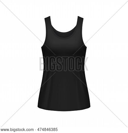 Woman Black Sleeveless Tank Top Front View. Isolated Vector Realistic 3d Female Shirt Or Sports Race