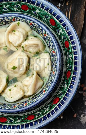Dumplings In The Soup Chuchvara Banner, Menu, Recipe Place For Text, Top View. Uzbek Cuisine.