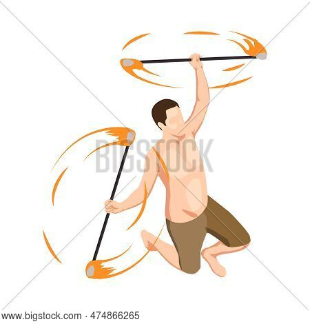 Fire Show Artist With Torches Isometric Vector Illustration