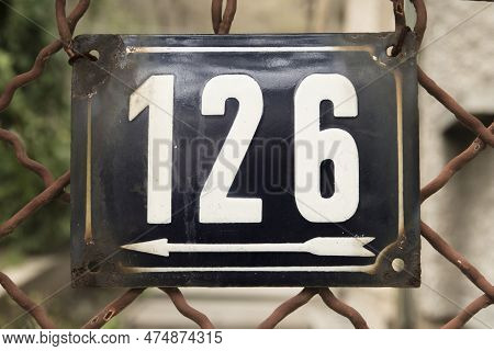 Weathered Grunge Square Metal Enameled Plate Of Number Of Street Address With Number 126