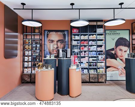 Latvia, Riga, April, 2023: Modern Interior Of Premium Perfume Boutique In Stockmann Shopping Mall, R