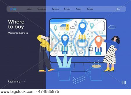Memphis Business Illustration. Where To Buy -modern Flat Vector Concept Illustration Of People Looki