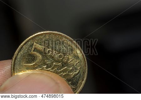 A Small Polish Coin In The Fingers Of A Man. A Polish Five-grosz Coin In Gold Colour, Visible From T