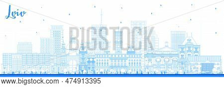 Outline Lviv Ukraine City Skyline With Blue Buildings. Vector Illustration. Lviv Cityscape With Land