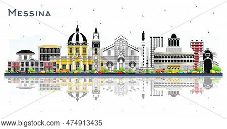 Messina Sicily Italy City Skyline With Color Buildings And Reflections Isolated On White. Vector Ill