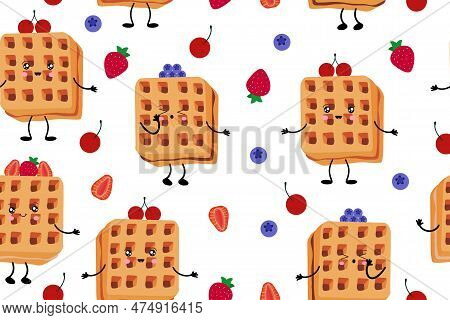 Seamless Pattern With Waffles And Various Fillings. Vector Illustration Of Waffles In The Style Of K