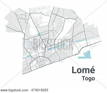 Lome Map, Capital City Of Togo. Municipal Administrative Area Map With Rivers And Roads, Parks And R