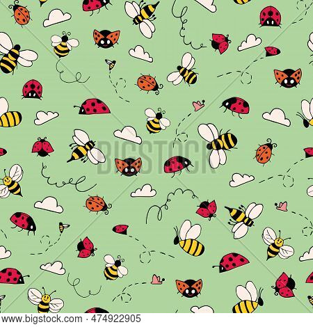 Light Green Ladybugs And Bees Seamless Pattern Background. Summer Pattern With Bugs. Doodle Bugs Pat