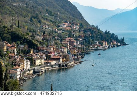 Scenic View To Village Argegno At Lake Como In Italy