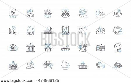 Countryscapes Line Icons Collection. Field, Barn, Meadow, Farm, Forest, Sunrise, Sunset Vector And L