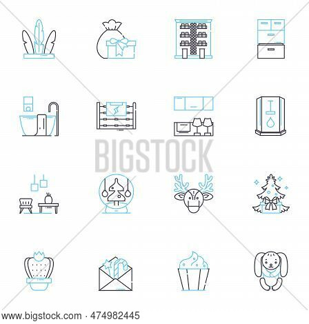 Room Accessories Linear Icons Set. Cushions, Rugs, Curtains, Lighting, Mirrors, Wall Art, Candles Li