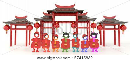3D Chinese People And Chinese Pavilion In White Background