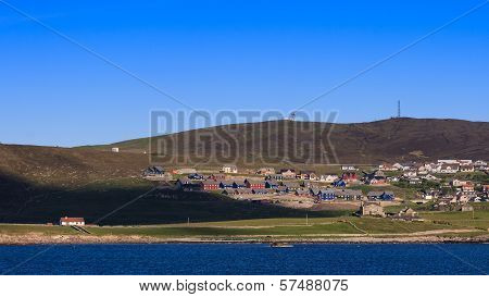 Lerwick town center under blue sky Lerwick Shetland Scotland United Kingdom
