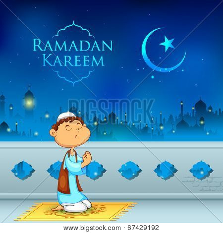 illustration of kid offering namaaz for Eid celebration