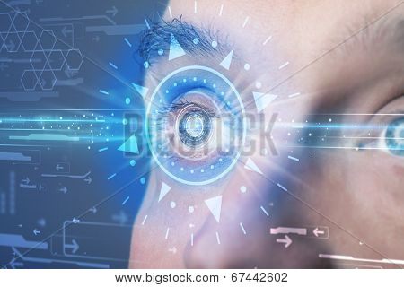 Modern cyber man with technolgy eye looking into blue iris