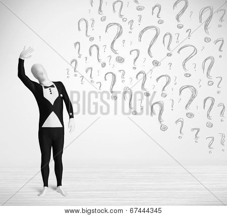 3d human character is body suit morphsuit looking at hand drawn question marks
