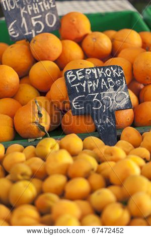 Oranges At  Lockal Market In Greece.