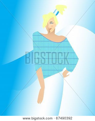 A girl in a sweater on a blue background fashion