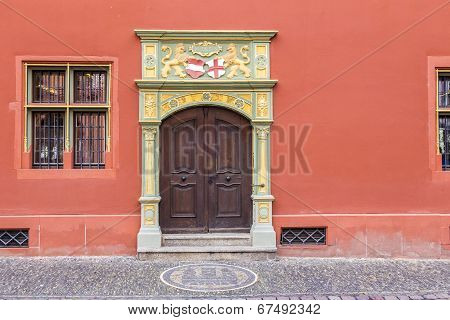 FREIBURG, GERMANY - JULY 6, 2014: Gothic style door Whale House Freiburg Germany