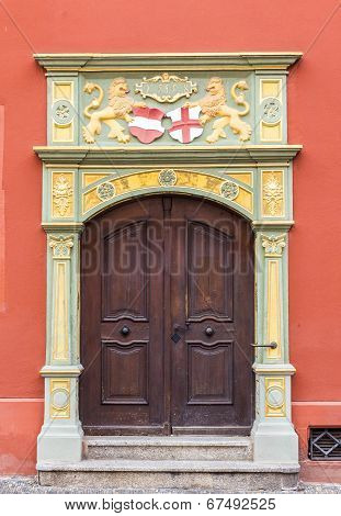 FREIBURG, GERMANY - JULY 6, 2014: Gothic style door Whale House Freiburg Germany