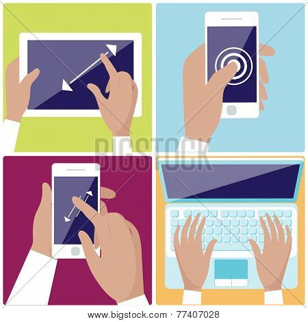 Human hands holding digital devices icons set