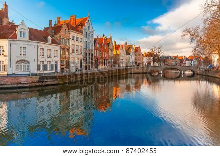 Bruges canal Spiegelrei with beautiful houses, Belgium