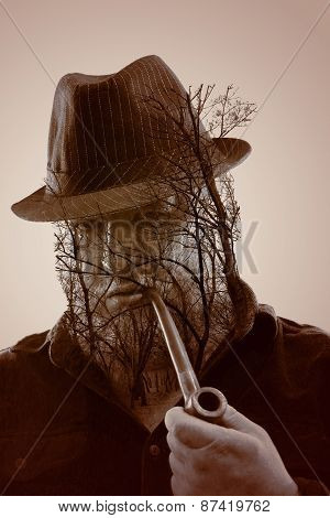 Collage Of The Man Smoking A Pipe