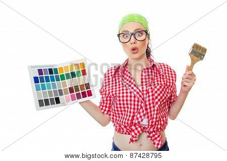 Surprised Woman Holding Paintbrush And Color Samples For Selection, Isolated On White. Female Worker