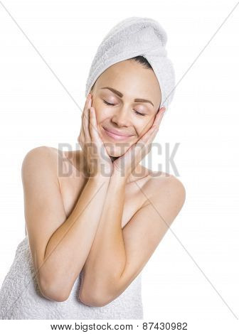 Eauty Woman With Closed Eyes After Bathing, Isolated On White. Female Wrapped In A Towel, Healthcare