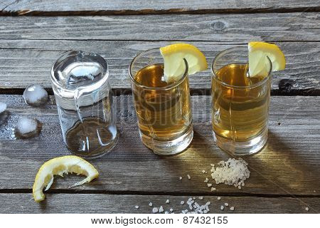 Glasses Of Tequila With Lemon And Salt