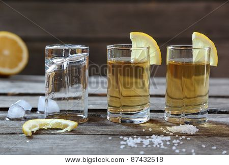 Glasses Of Tequila With Lemon And Salt