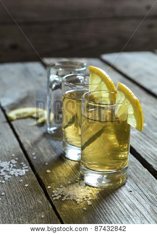 Glasses Of Tequila With Lemon And Salt