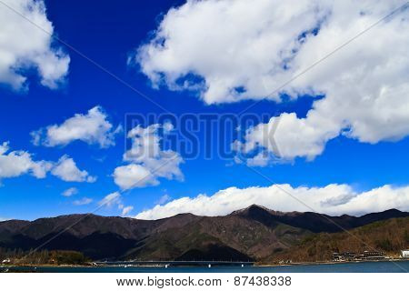 Bridge Of Lake Kawaguchiko With The Background Of Mountain And Blue Sky