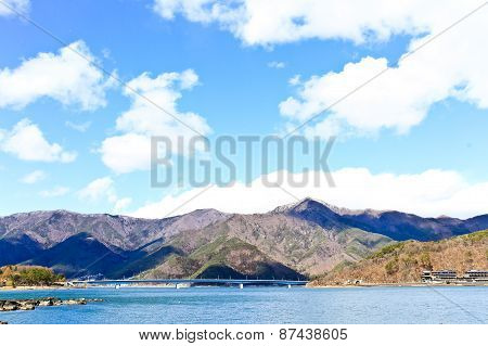 Bridge Of Lake Kawaguchiko With The Background Of Mountain And Sky