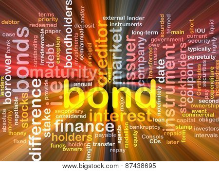 Background text pattern concept wordcloud illustration of financial bond glowing light