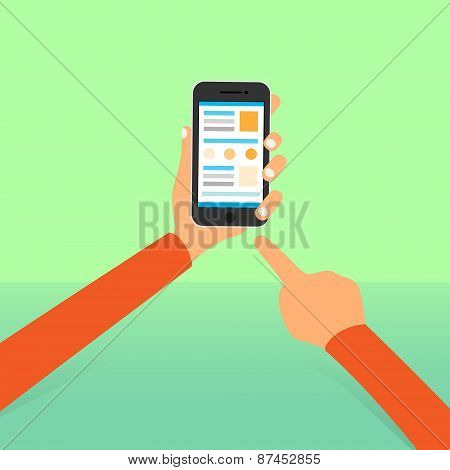 cell smart phone hands point finger tocuh screen icon flat