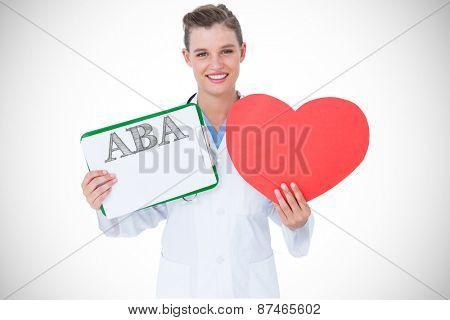 The word aba against happy doctor holding clipboard and heart card