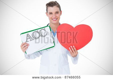 The word acc against happy doctor holding clipboard and heart card