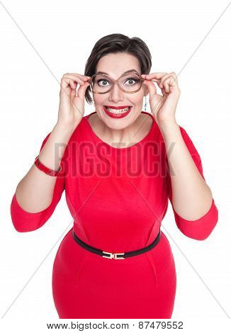 Crazy Plus Size Woman In Glasses Looking On You. Top View
