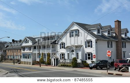 PORT JEFFERSON, NY - April 6, 2015: Danfords Hotel Spa, Marina Showers and Driftwood Rooms. On Long Island Sound estuary this upscale property features a spa, seafood restaurant and marina.