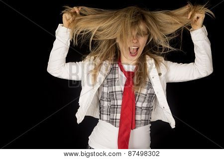 Crazy Caucasian Young Female Excited Pulling Her Hair