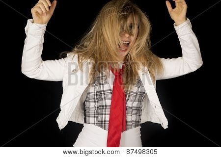 Excited Blond Female Model With Messy Hair And Hands Up