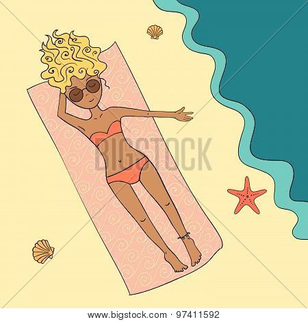 Hand Drawn Lady Lying On A Beach